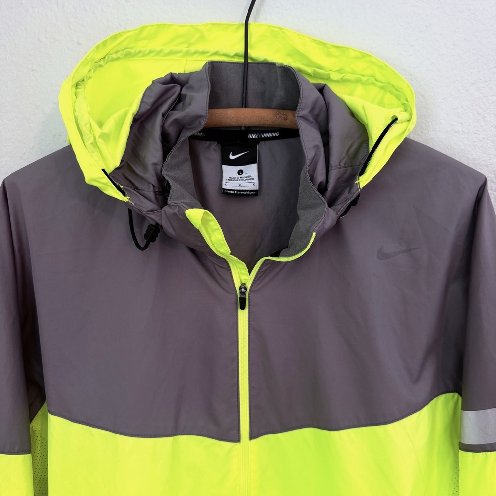 Nike Running Windbreaker Jacket Volt Gray Colorblock Hood Size L Gorpcore - Picture 3 of 9